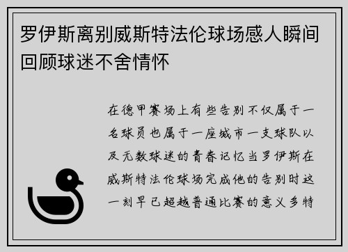 罗伊斯离别威斯特法伦球场感人瞬间回顾球迷不舍情怀